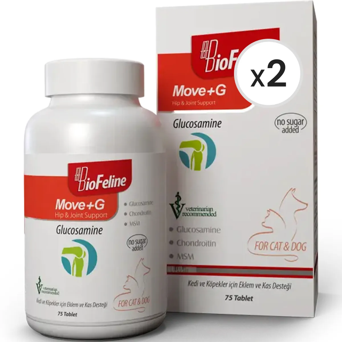 BioFeline Move+G Glucosamine Kedi ve Köpekler için Bağışıklık Sistemini Güçlendiren Bağışıklık Sistemi Destek Tableti 75 Tablet 2'li Paket