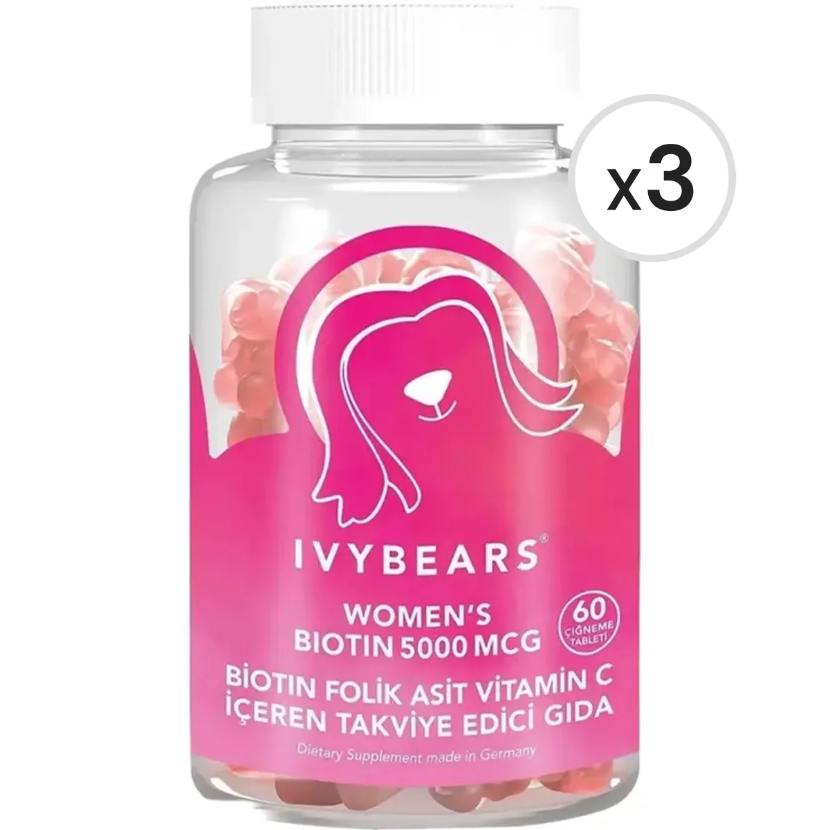 IvyBears Women's Biotin 5000 mcg 60 Çiğneme Tableti 3'lü Paket