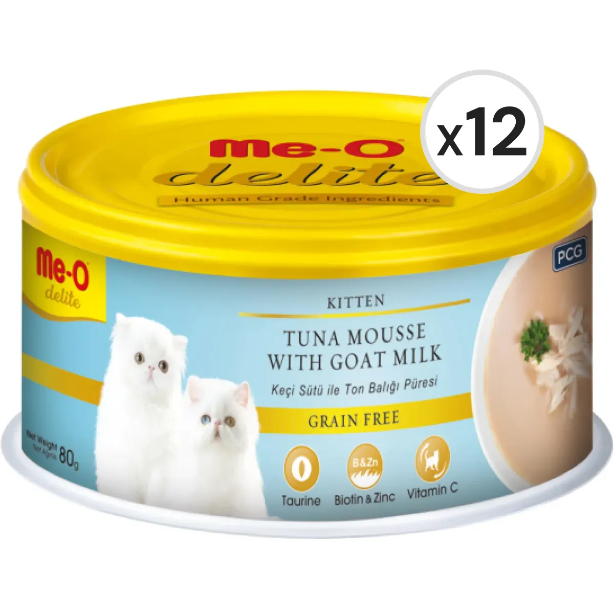 Me-O Delite Kitten Ton Balığı Püresi ve Keçi Sütlü Tahılsız Yavru Kedi Konservesi 80 g 12'li Paket