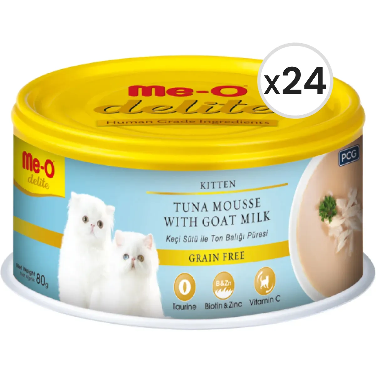 Me-O Delite Kitten Ton Balığı Püresi ve Keçi Sütlü Tahılsız Yavru Kedi Konservesi 80 g 24'lü Paket