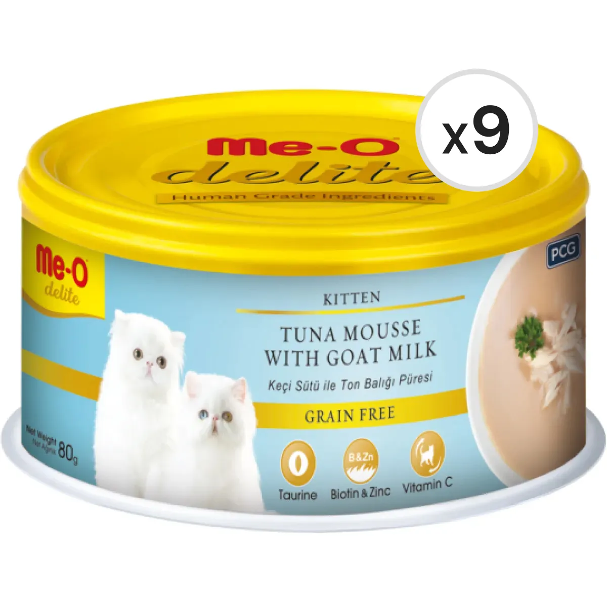 Me-O Delite Kitten Ton Balığı Püresi ve Keçi Sütlü Tahılsız Yavru Kedi Konservesi 80 g 9'lu Paket