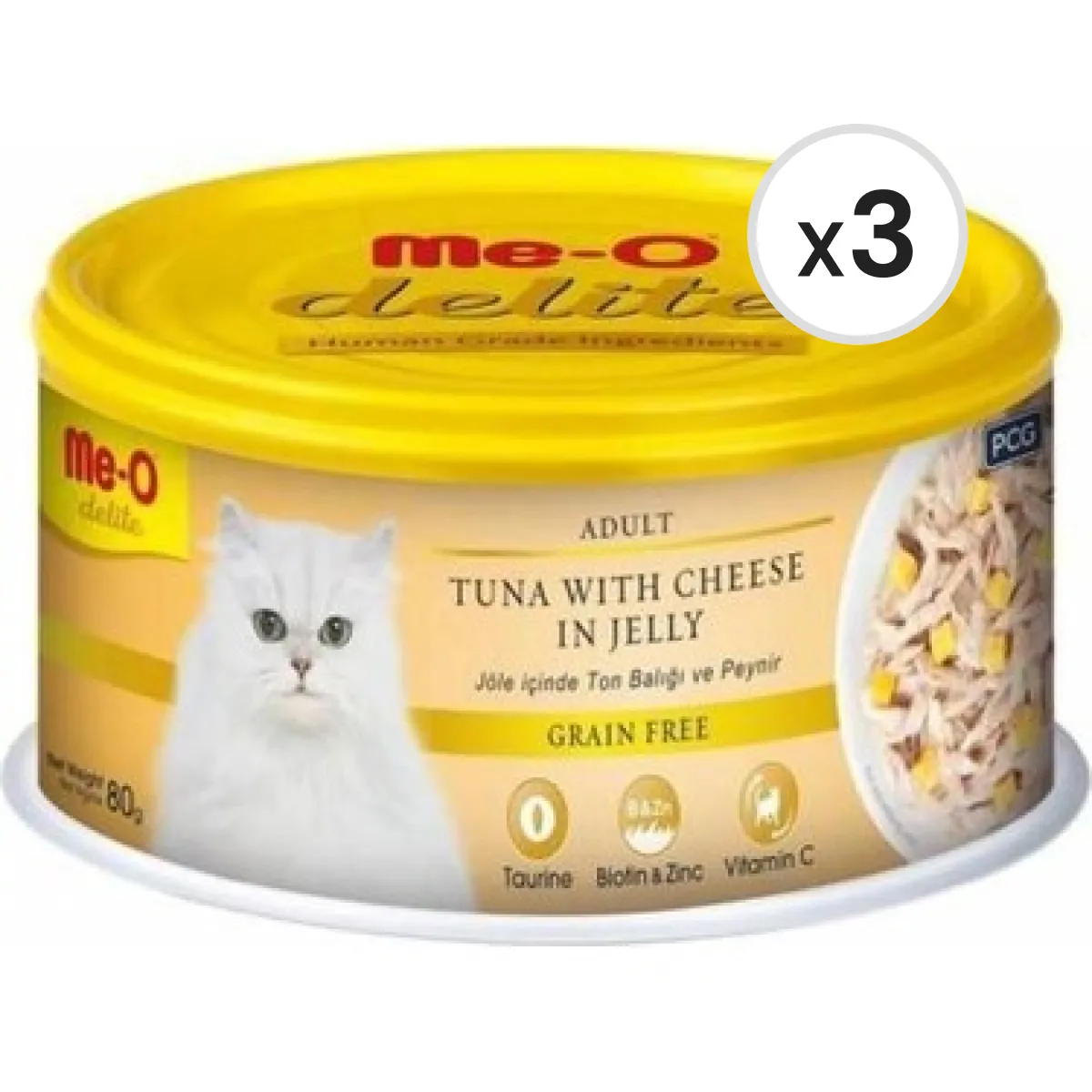 Me-O Delite Ton Balıklı ve Peynirli Jelly Tahılsız Kedi Konservesi 80 g 3'lü Paket