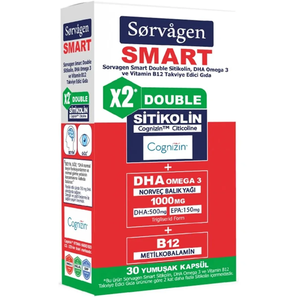 Sorvagen Smart Double Sitikolin DHA, Omega 3 ve B12 30 Kapsül