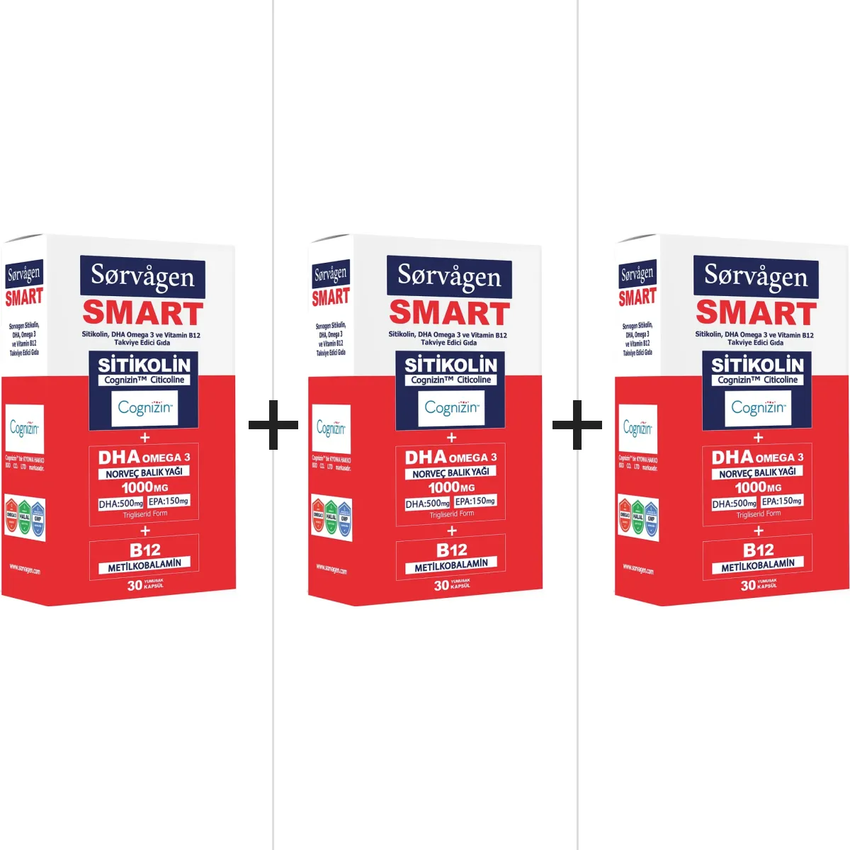Sorvagen Smart Sitikolin, DHA Omega 3 ve B12 30 Kapsül 3'lü Paket