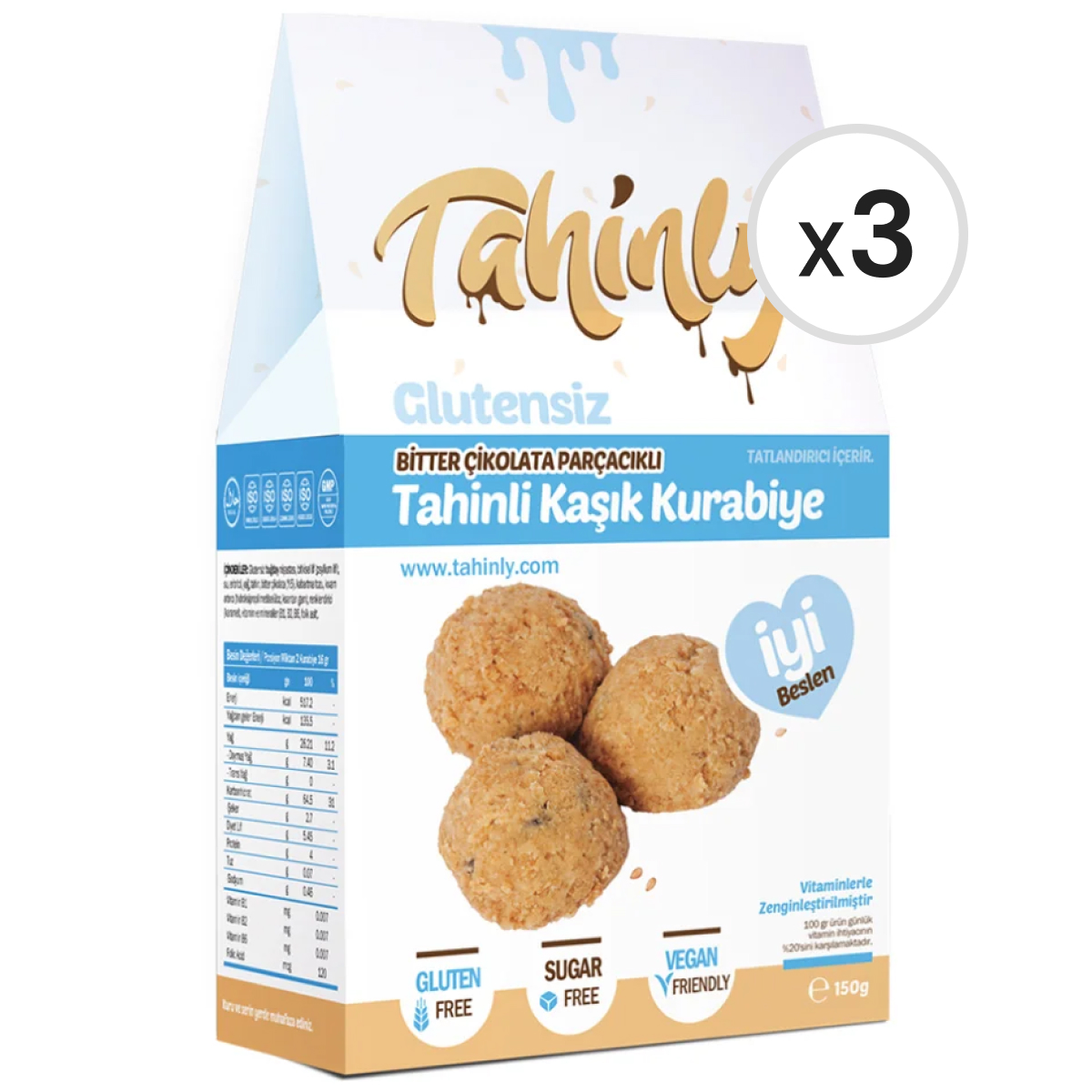 Tahinly Glütensiz Bitter Çikolata Parçacıklı Tahinli Kaşık Kurabiye 150 g 3'lü Paket