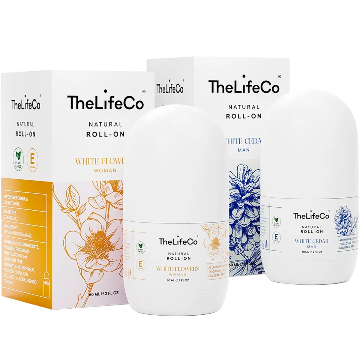 TheLifeCo Natural Roll-on Deodorant White Flowers 60 ml & White Cedar Man 60 ml