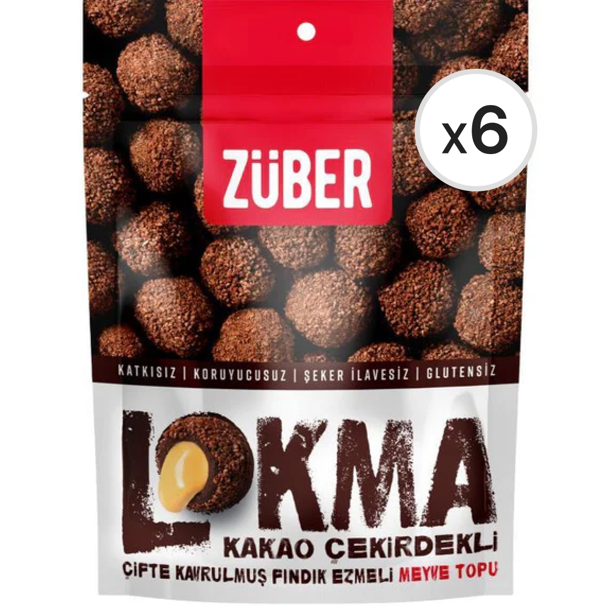 Züber Lokma Kakao Çekirdekli Çift Kavrulmuş Fındık Ezmeli Meyve Topu 96 g 6'lı Paket